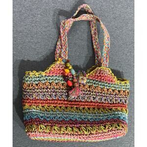 Blue Miami | Women's Multicolor Woven Canvas Straw Basket Beach Tote Handbag